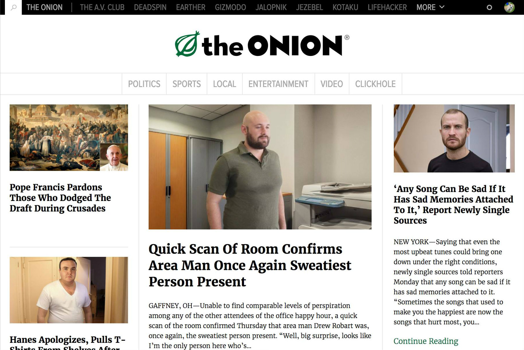 The Onion homepage with an article about a sweaty office worker.