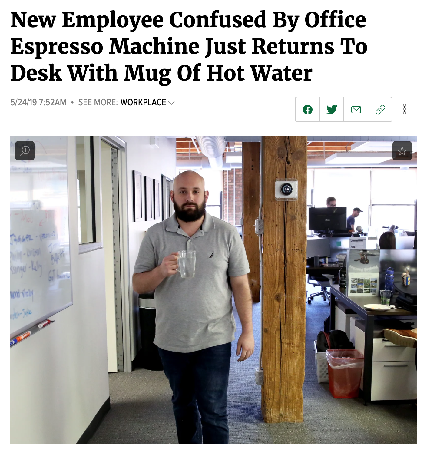 An article about a man confused by an expresso machine.