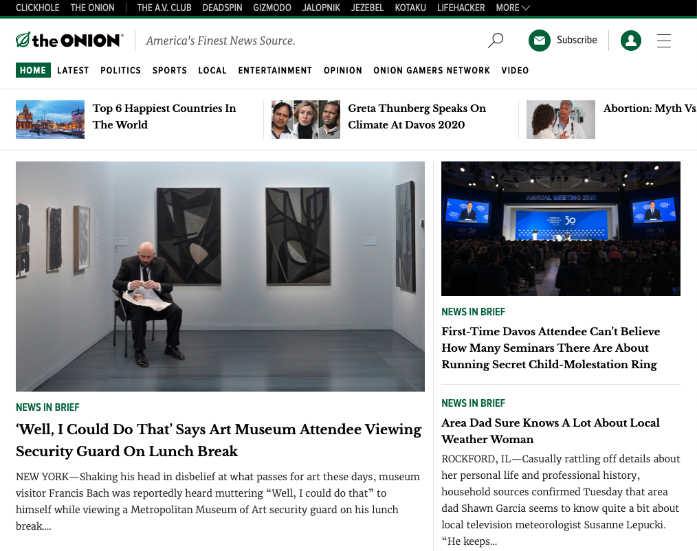 The Onion homepage with an article about a museum guard eating a sandwich.