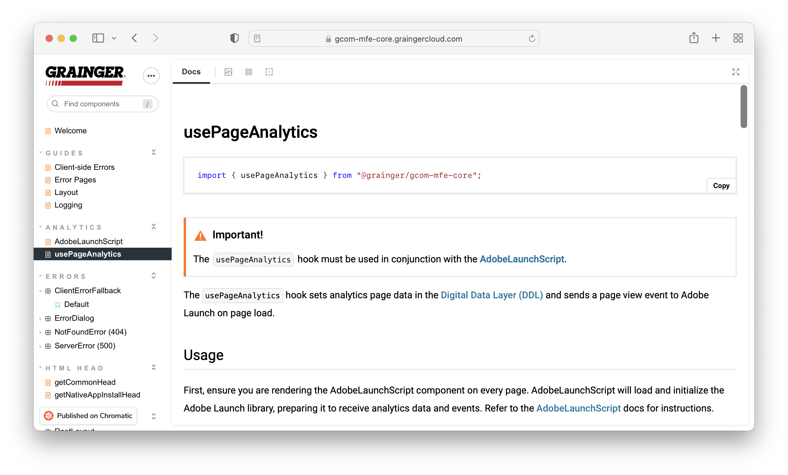 screenshot of Grainger's open source GCOM-MFE-Core library